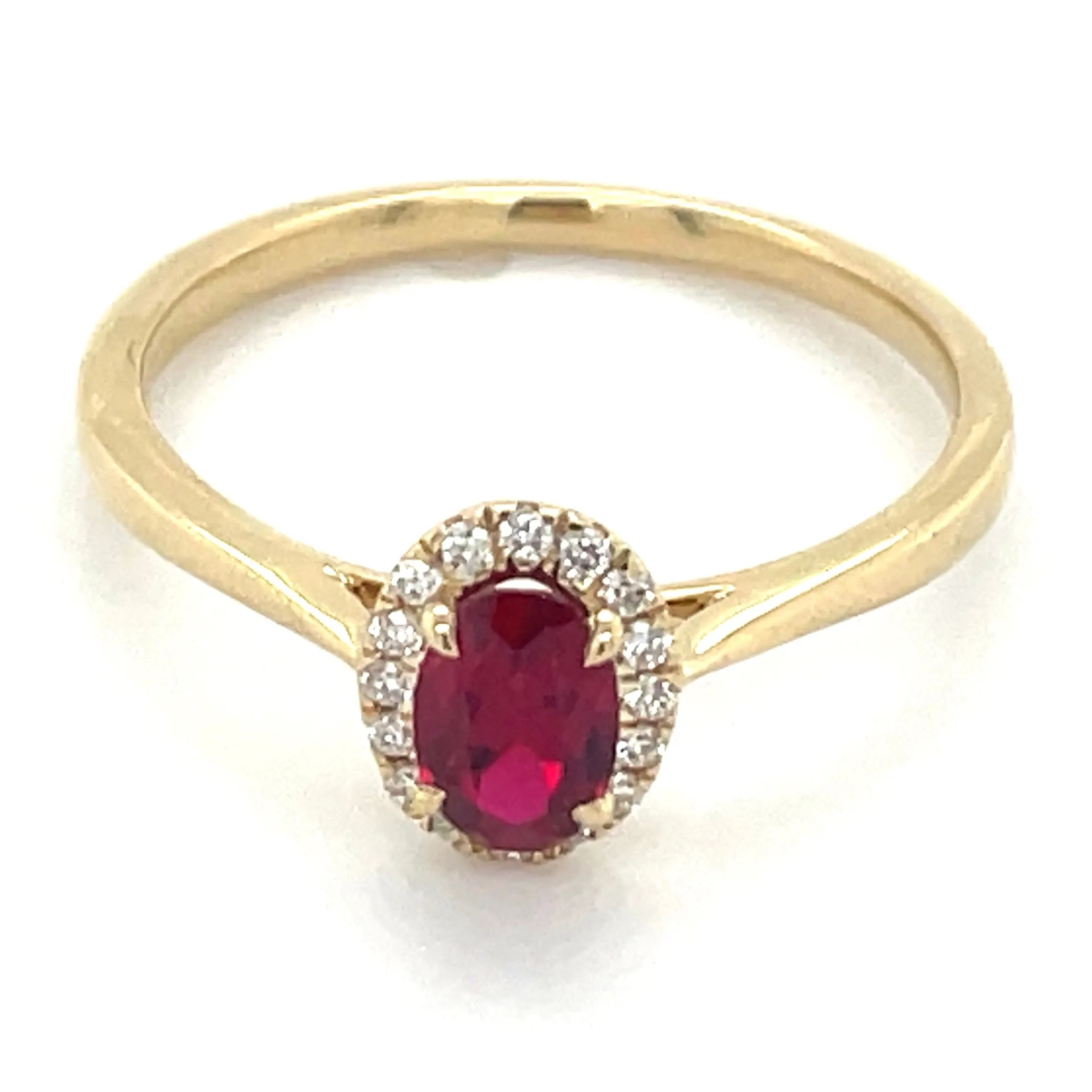 14ct Yellow Gold Laboratory Grown Oval Ruby & Diamond Halo Ring