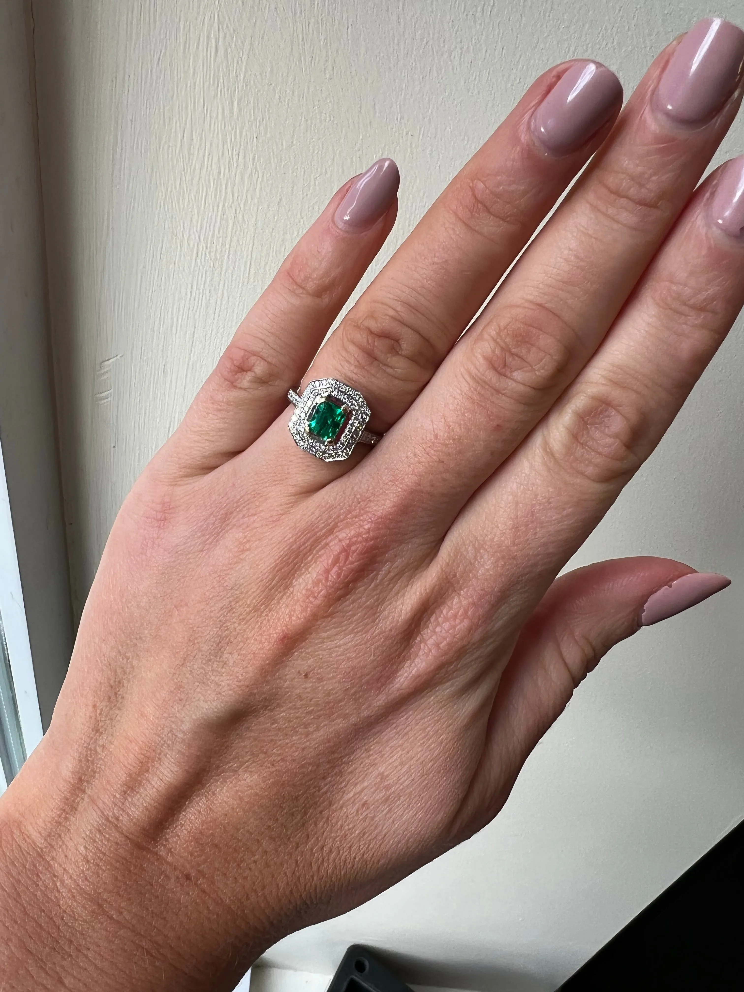 18ct White Gold Earth Grown Emerald And Diamond Double Halo 1.45ct Diamond Engagement Ring