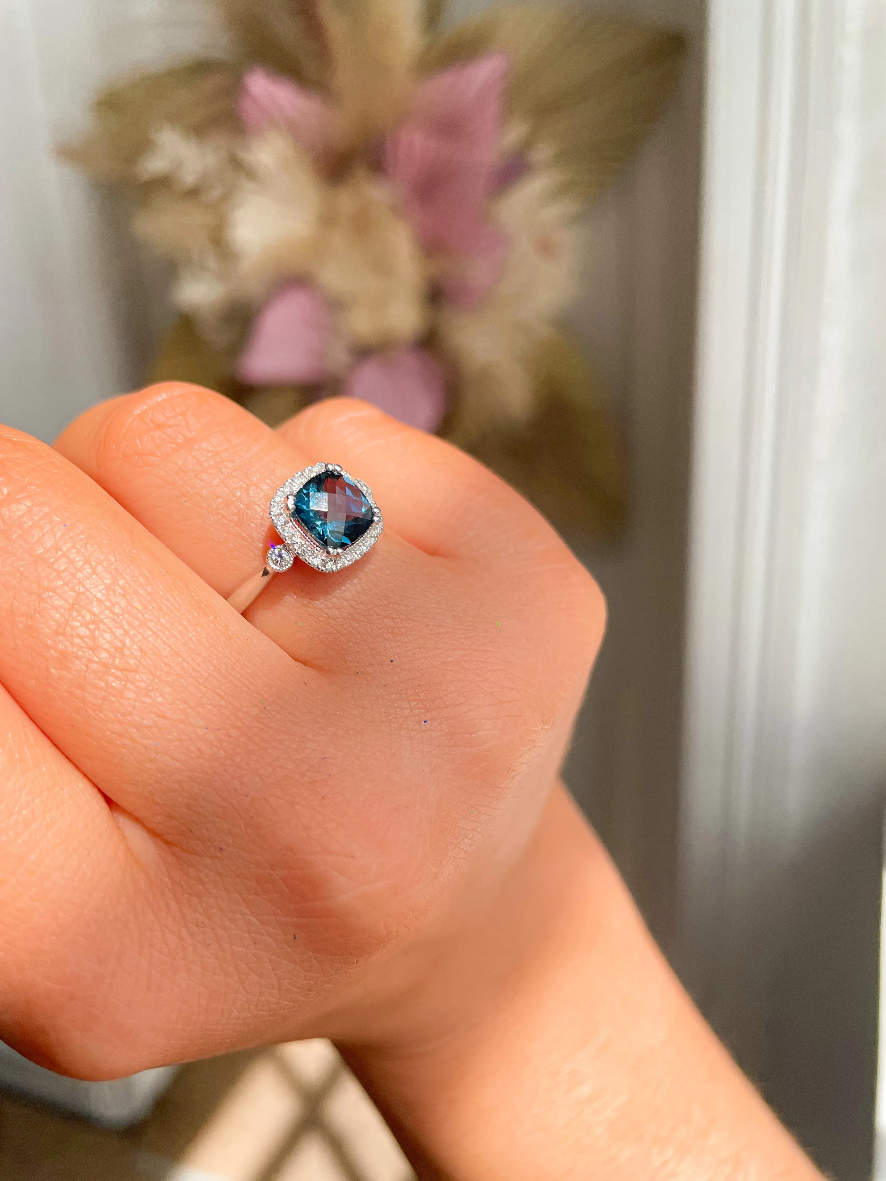 9ct White Gold London Blue Topaz & Diamond Cushion Ring