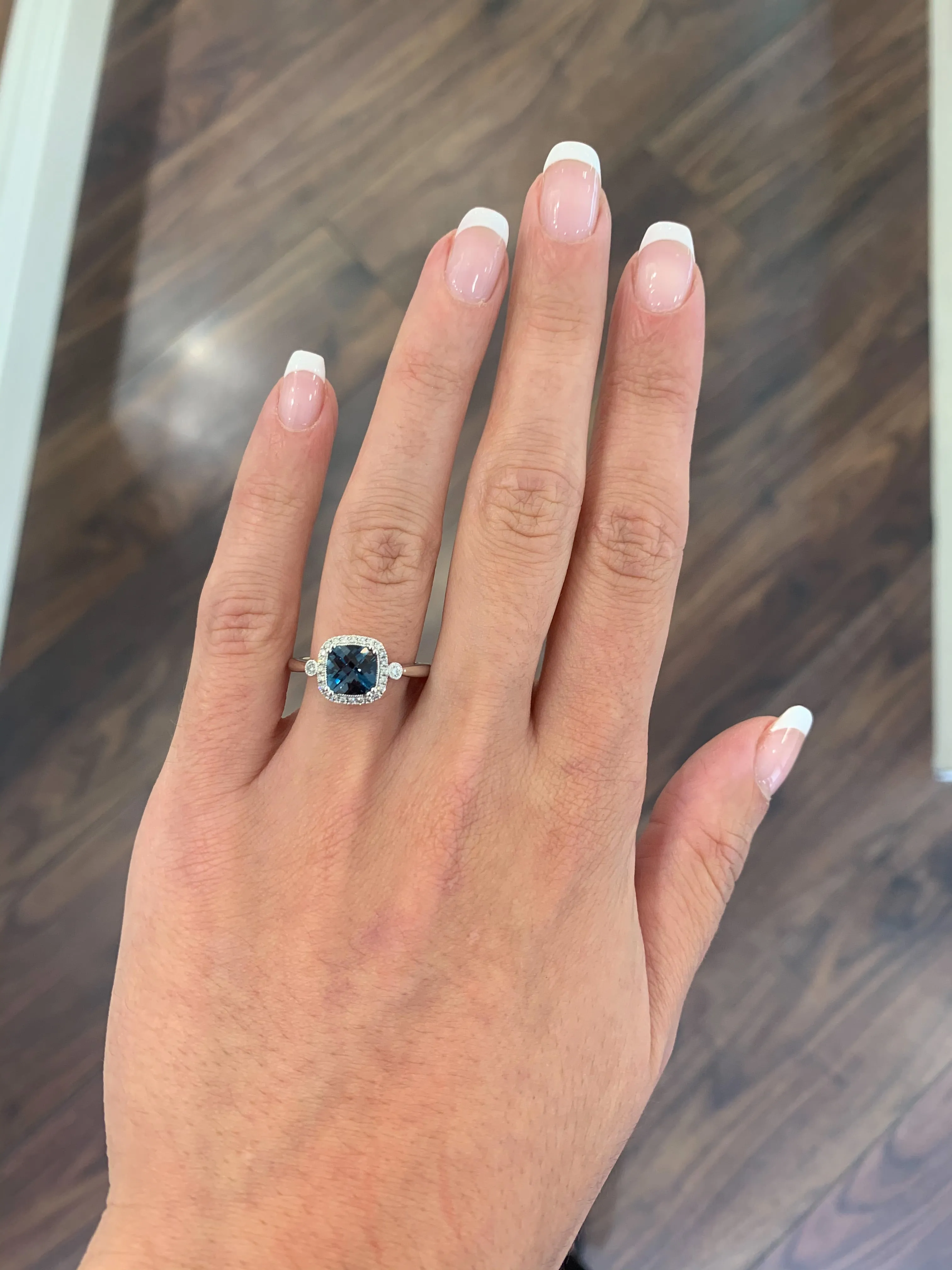 9ct White Gold London Blue Topaz & Diamond Cushion Ring