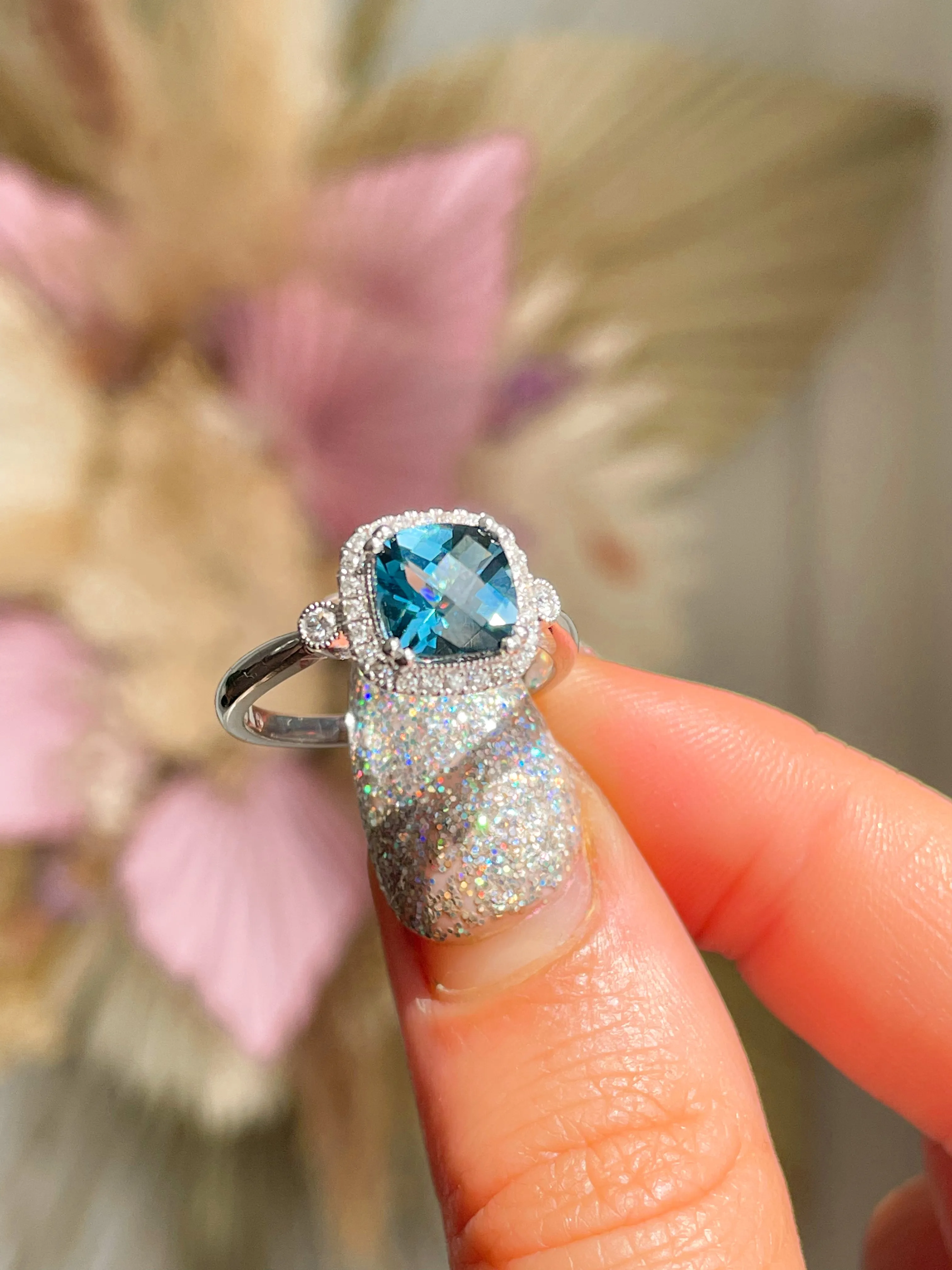 9ct White Gold London Blue Topaz & Diamond Cushion Ring