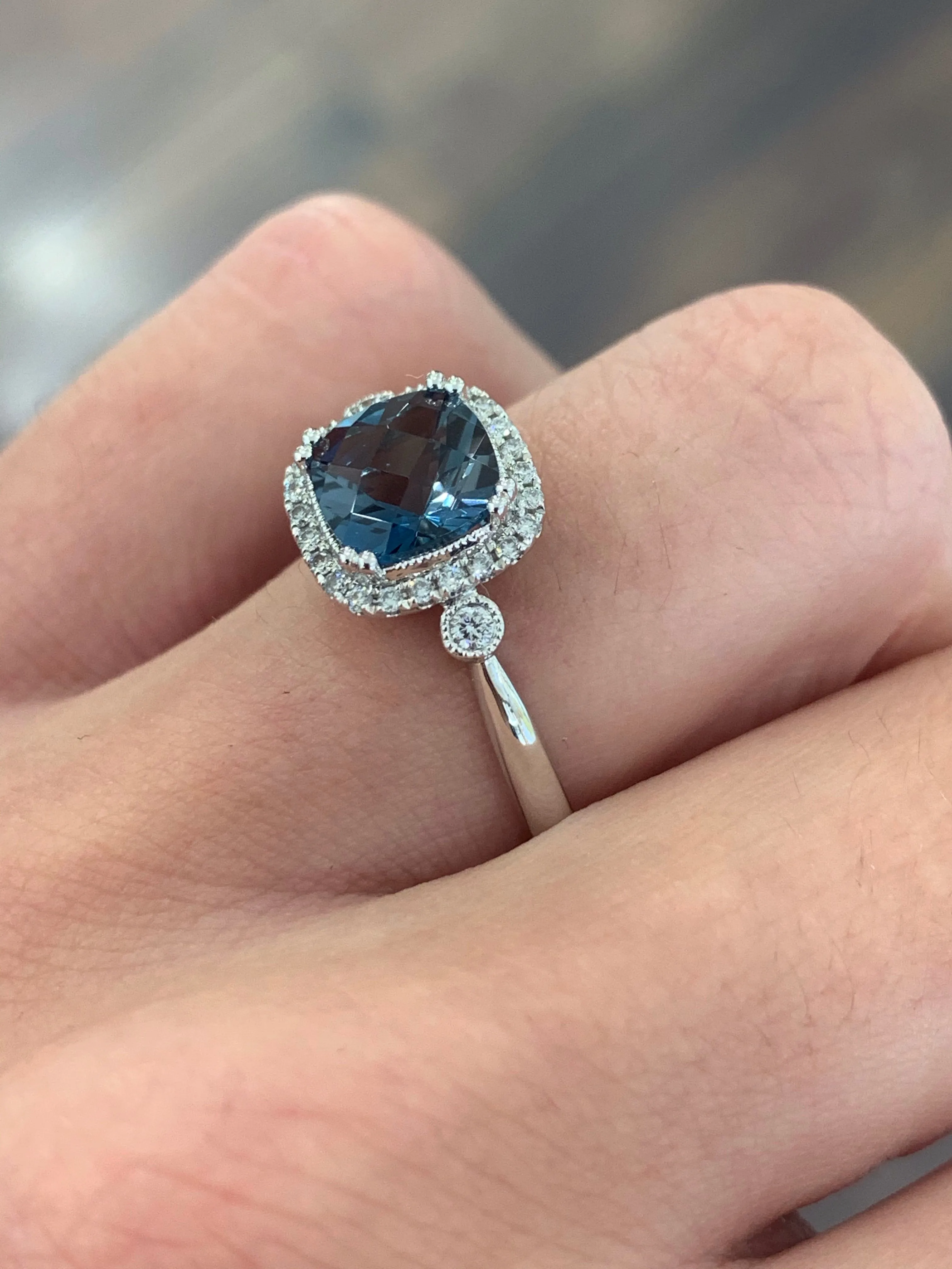 9ct White Gold London Blue Topaz & Diamond Cushion Ring