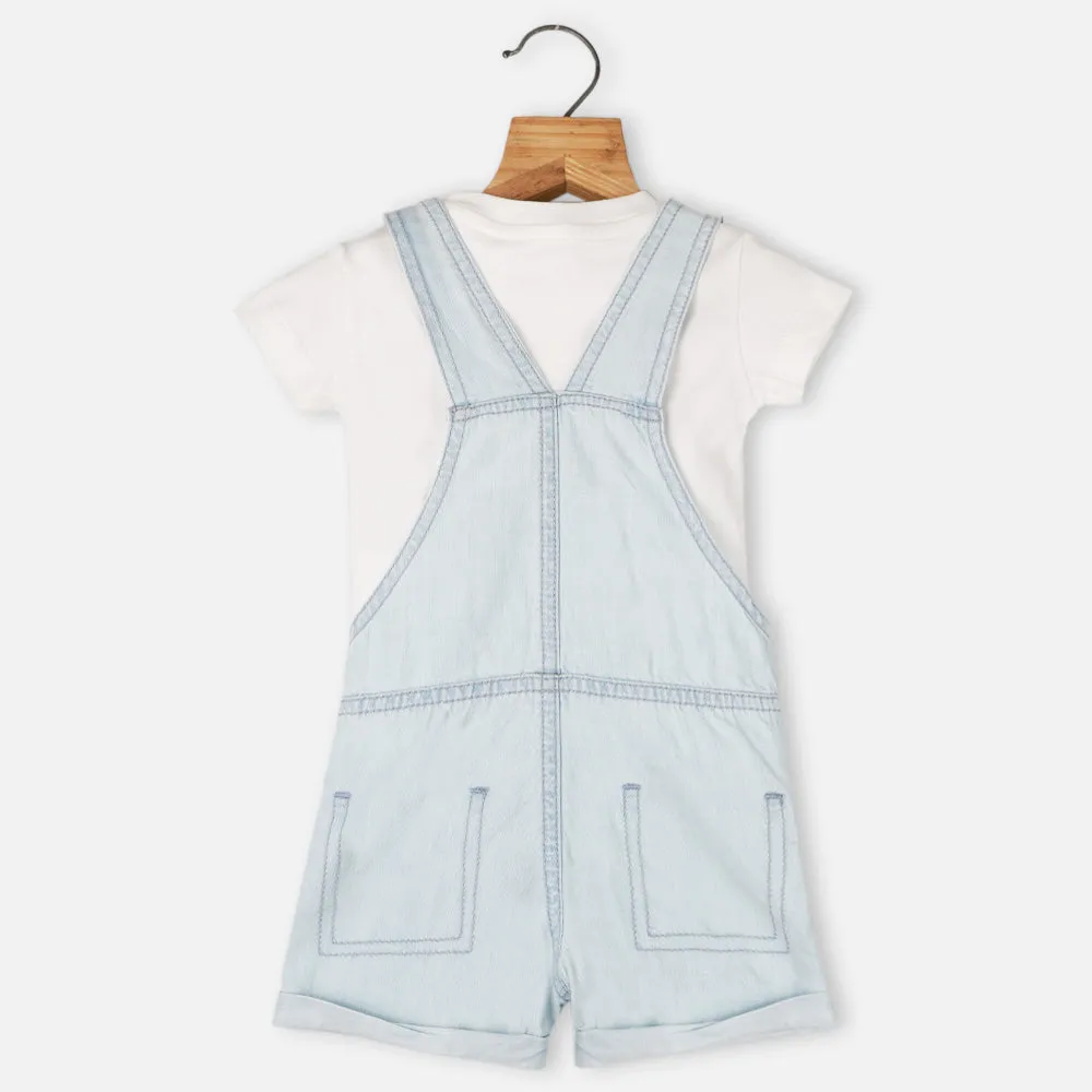 Blue Bear Theme Denim Dungaree With White T-Shirt