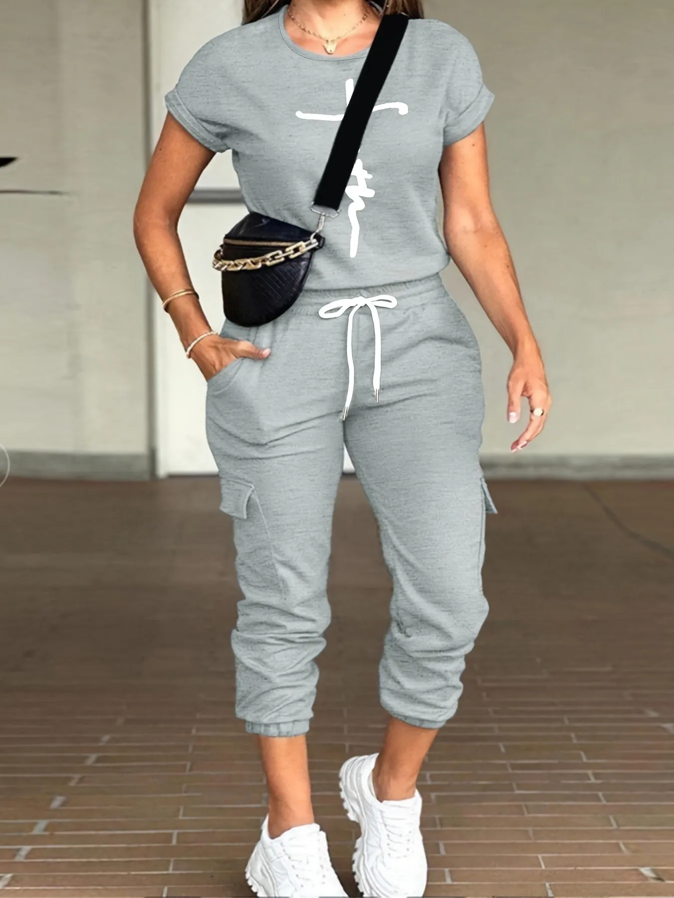 Casual Fashion Set Women's Summer  New American Style Fried Street Loose Gray Slimming Overalls Two-Piece Set