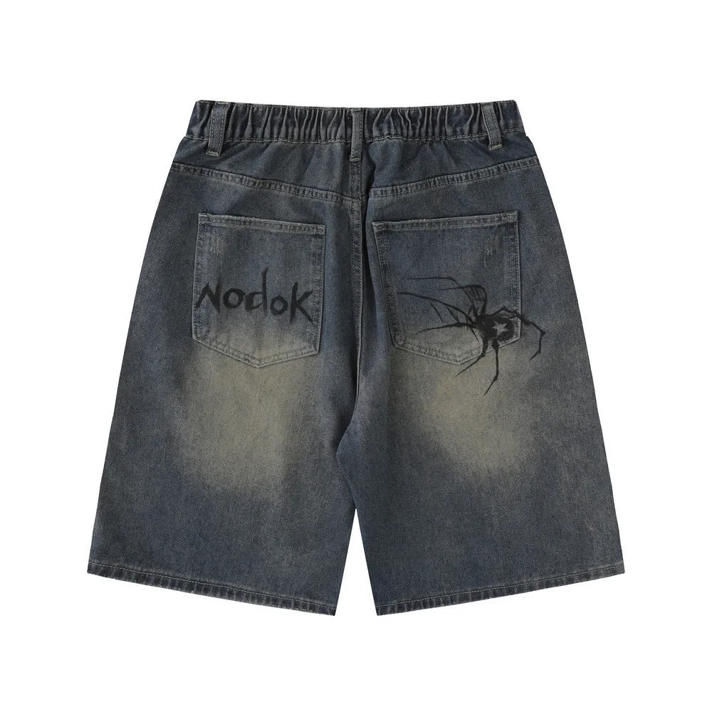 Cool Popular Brand Spider Print Denim Shorts Men's Loose Casual Washed White Fifth Pants American Retro