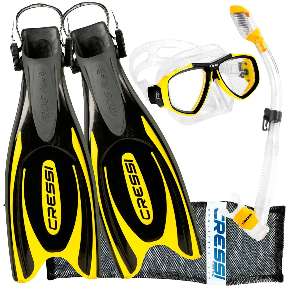 Cressi Frog Plus Fins Focus Adult Size Mask Supernova Dry Snorkel Package