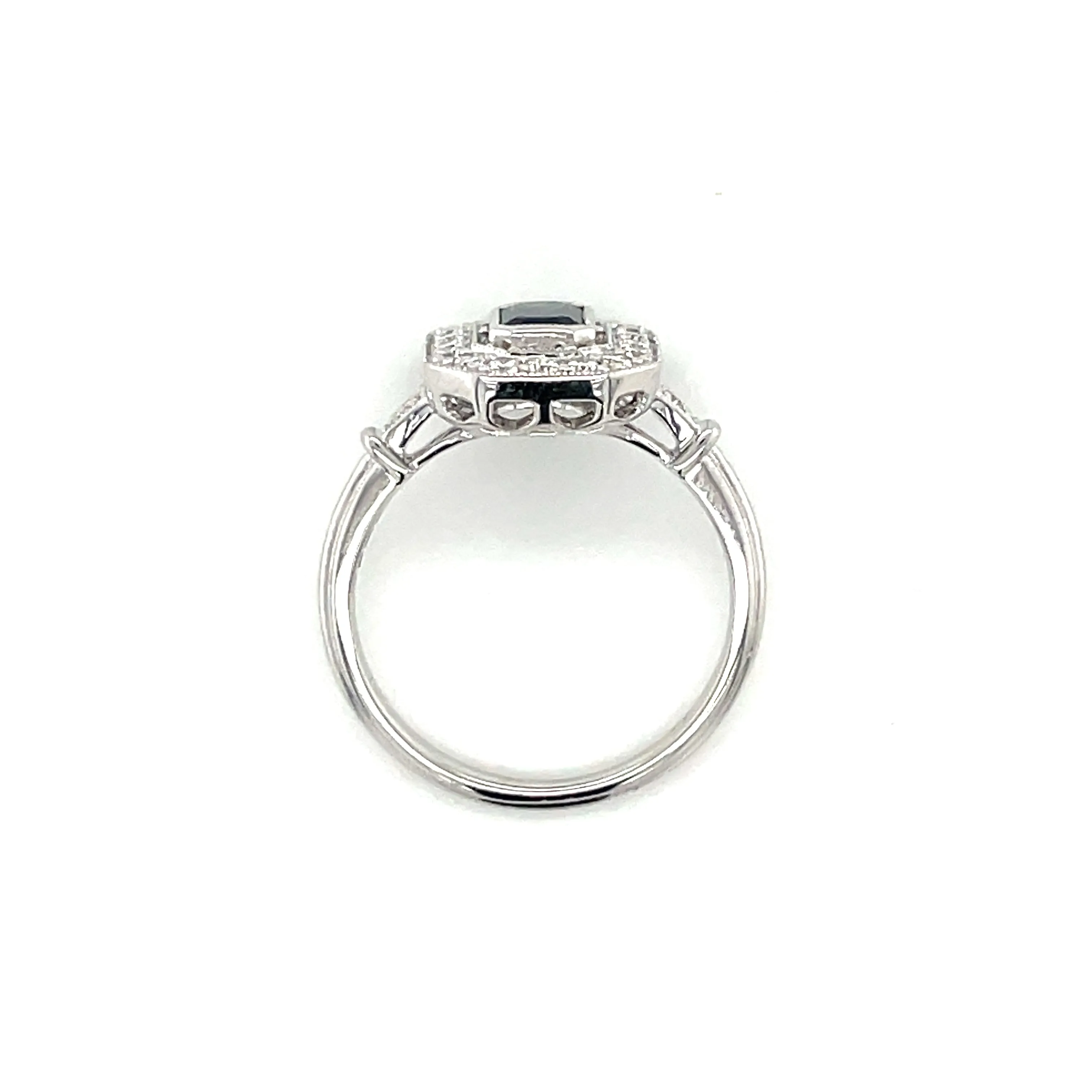 Emerald Cut Sapphire & Diamond Vintage style White Gold Ring