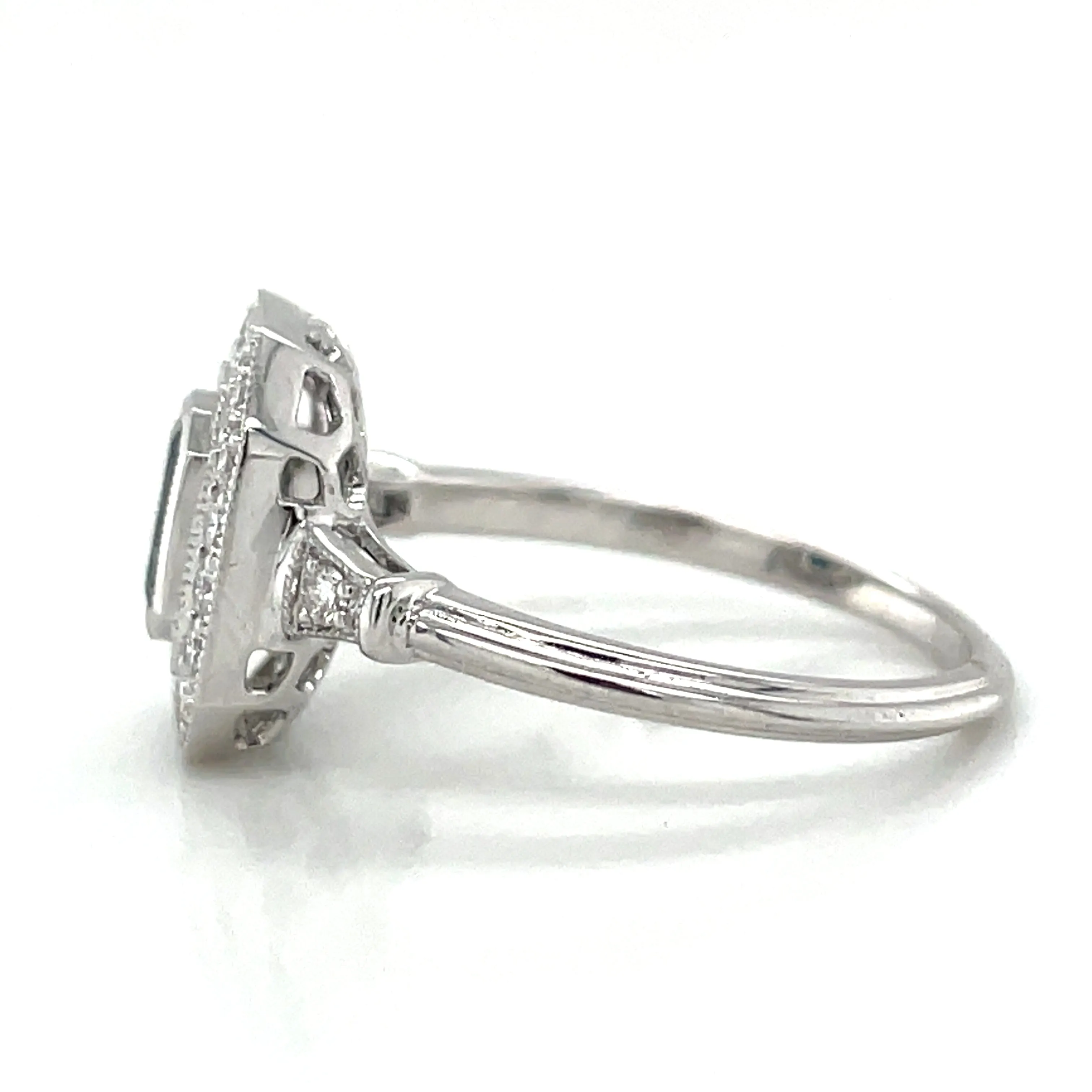 Emerald Cut Sapphire & Diamond Vintage style White Gold Ring