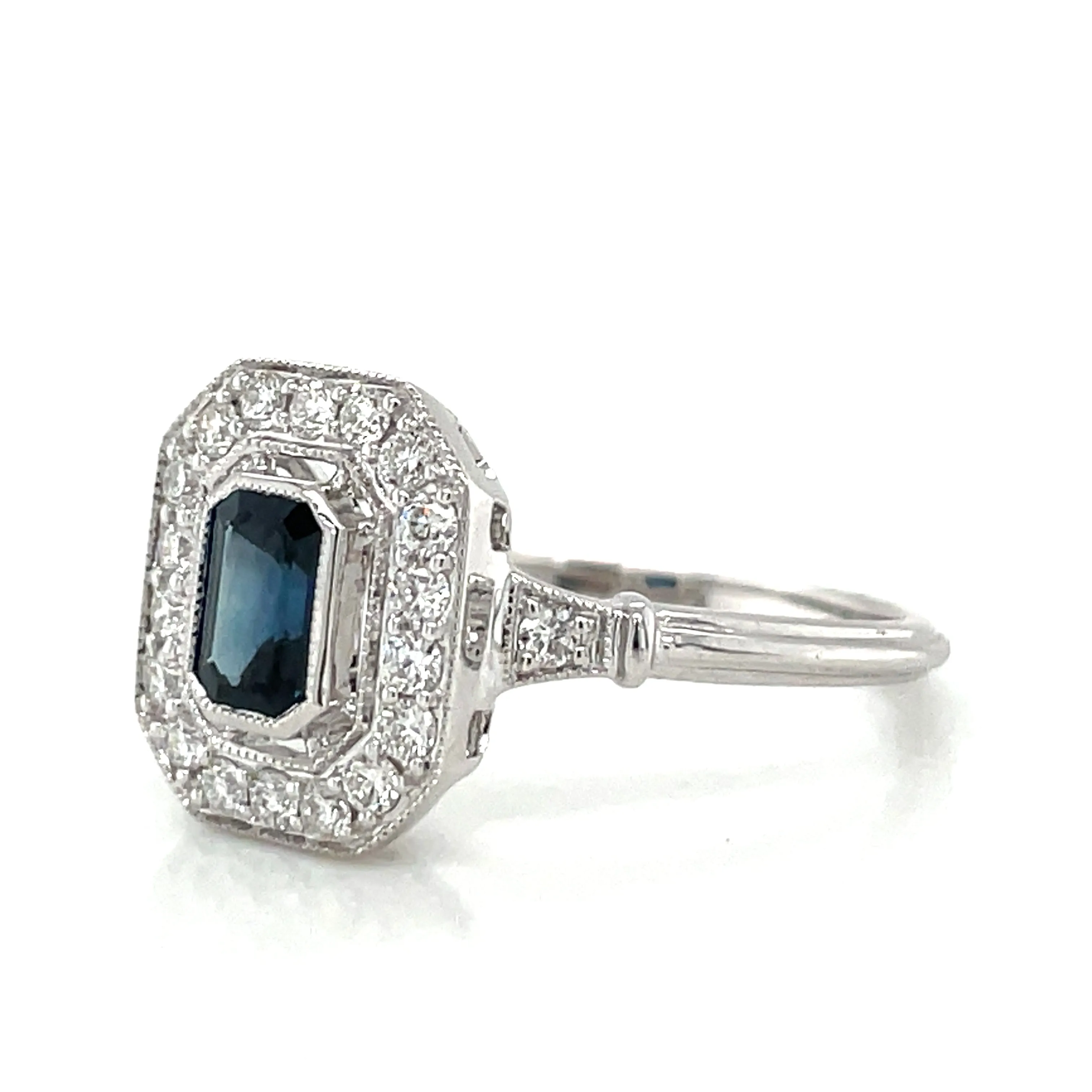 Emerald Cut Sapphire & Diamond Vintage style White Gold Ring