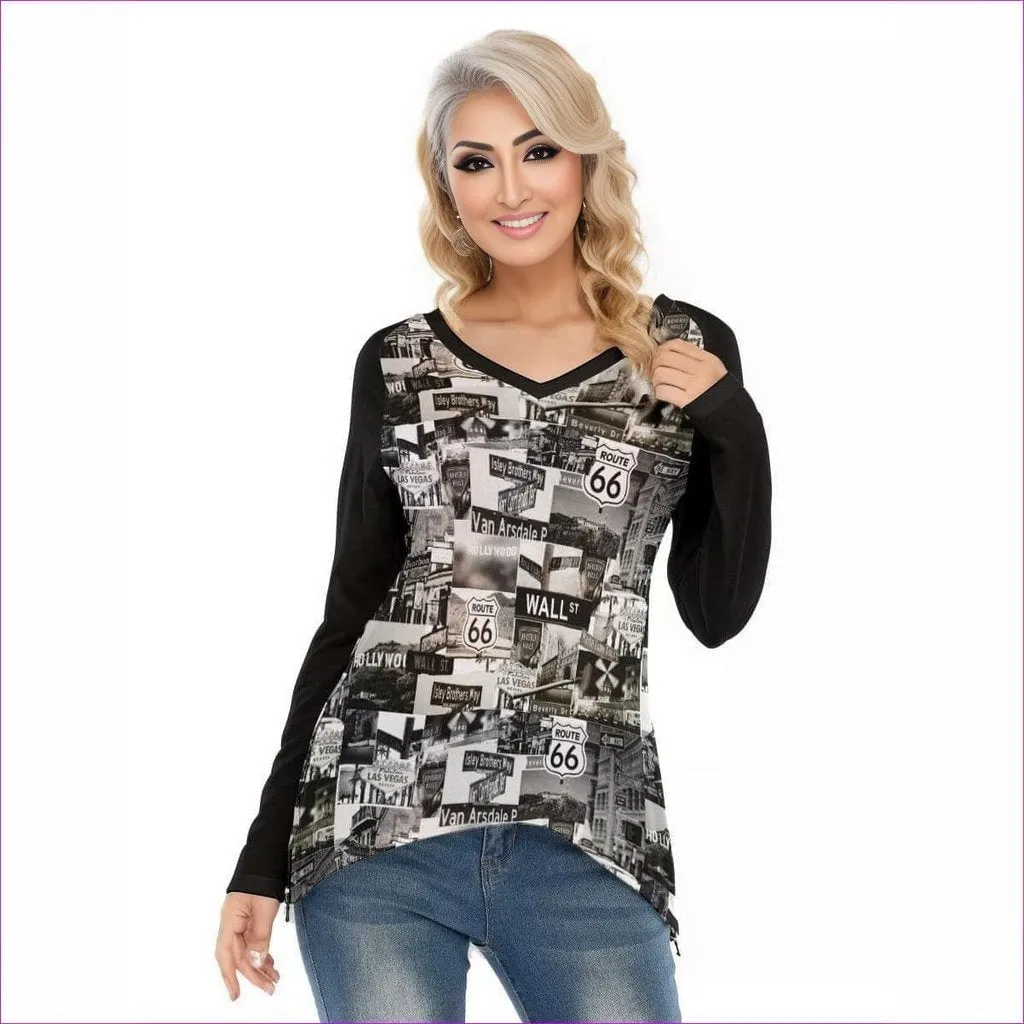 Greyed Streets Womens V-Neck Long Sleeves with Side Zip T-shirt