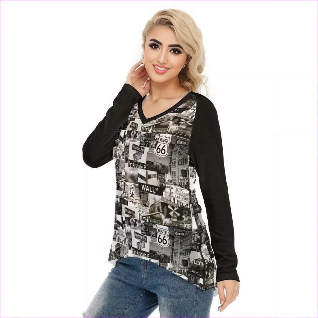 Greyed Streets Womens V-Neck Long Sleeves with Side Zip T-shirt