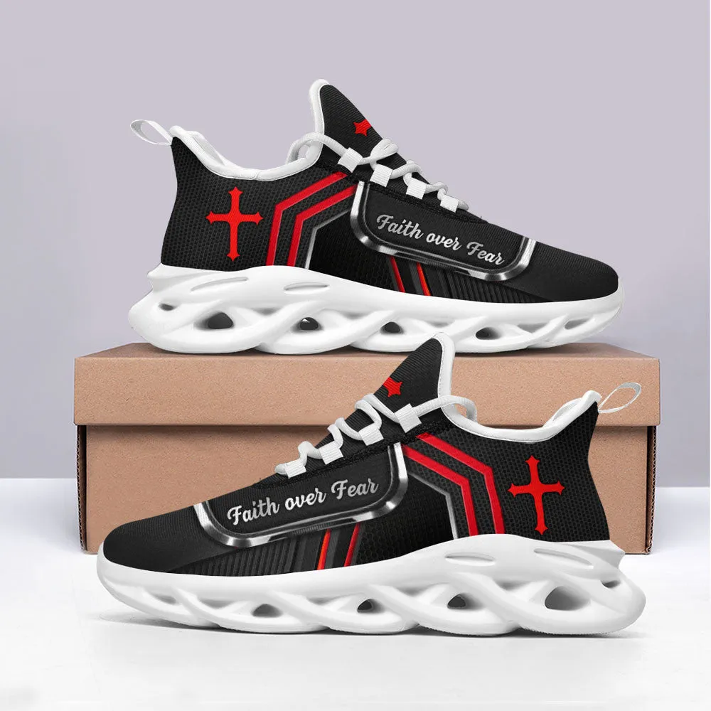 Jesus Faith Over Fear Running Sneakers White And Black Max Soul Shoes - Christian Shoes For Men And Women