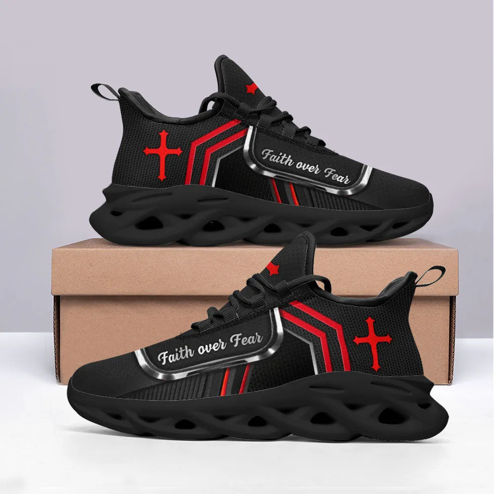 Jesus Faith Over Fear Running Sneakers White And Black Max Soul Shoes - Christian Shoes For Men And Women