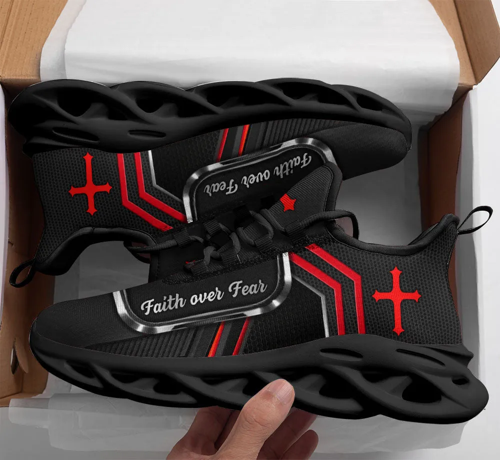 Jesus Faith Over Fear Running Sneakers White And Black Max Soul Shoes - Christian Shoes For Men And Women