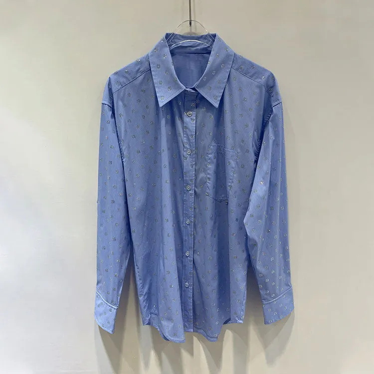 King 24 Years New Full of Letters a Hot Rhinestone Blue Lapel Long Sleeve Shirt Women's Loose Rhinestone Shorts Suit