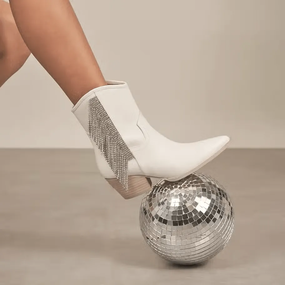 Layla White silver Fringe Booties