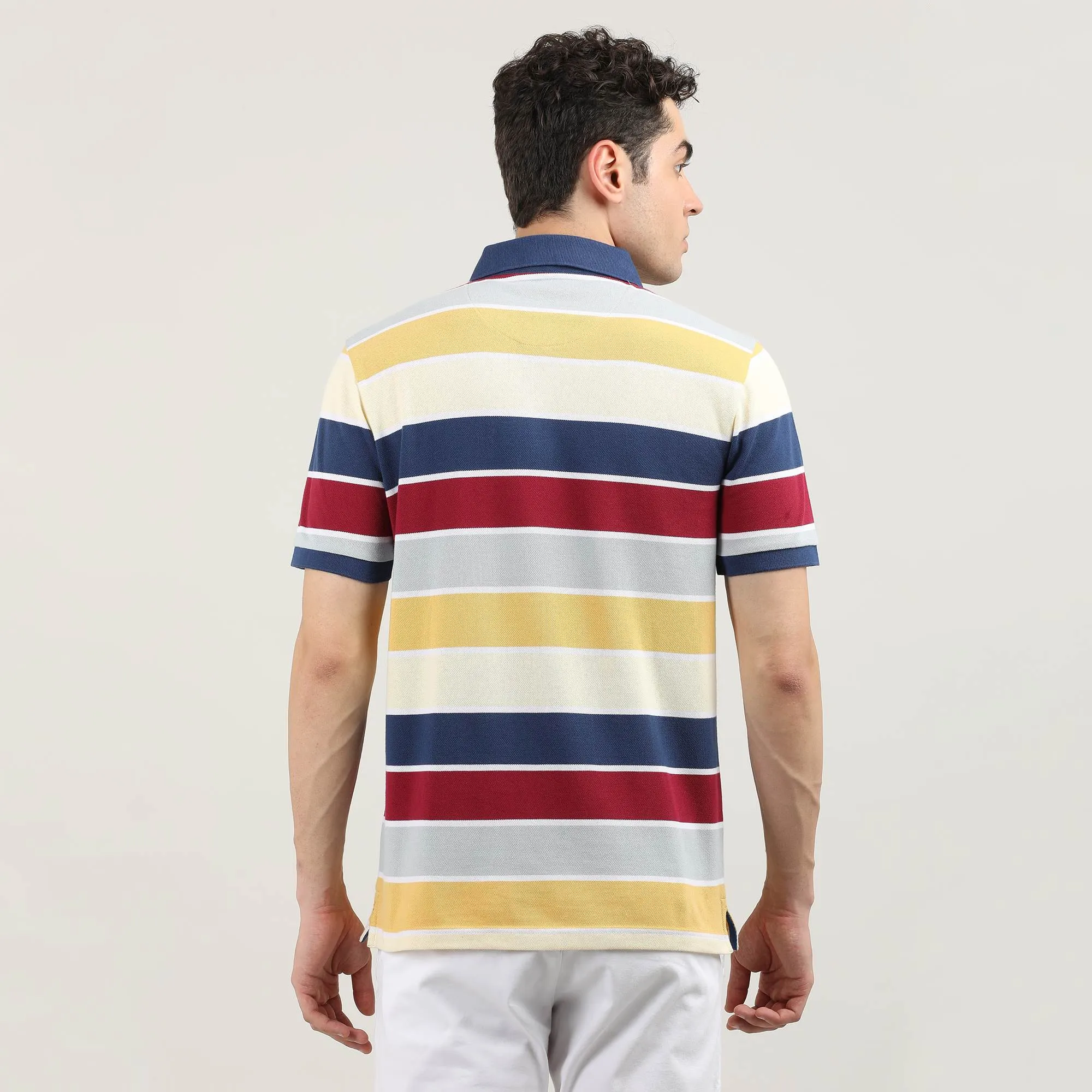 Lemon Pique Stripes Polo T-shirt With Tipping Collar