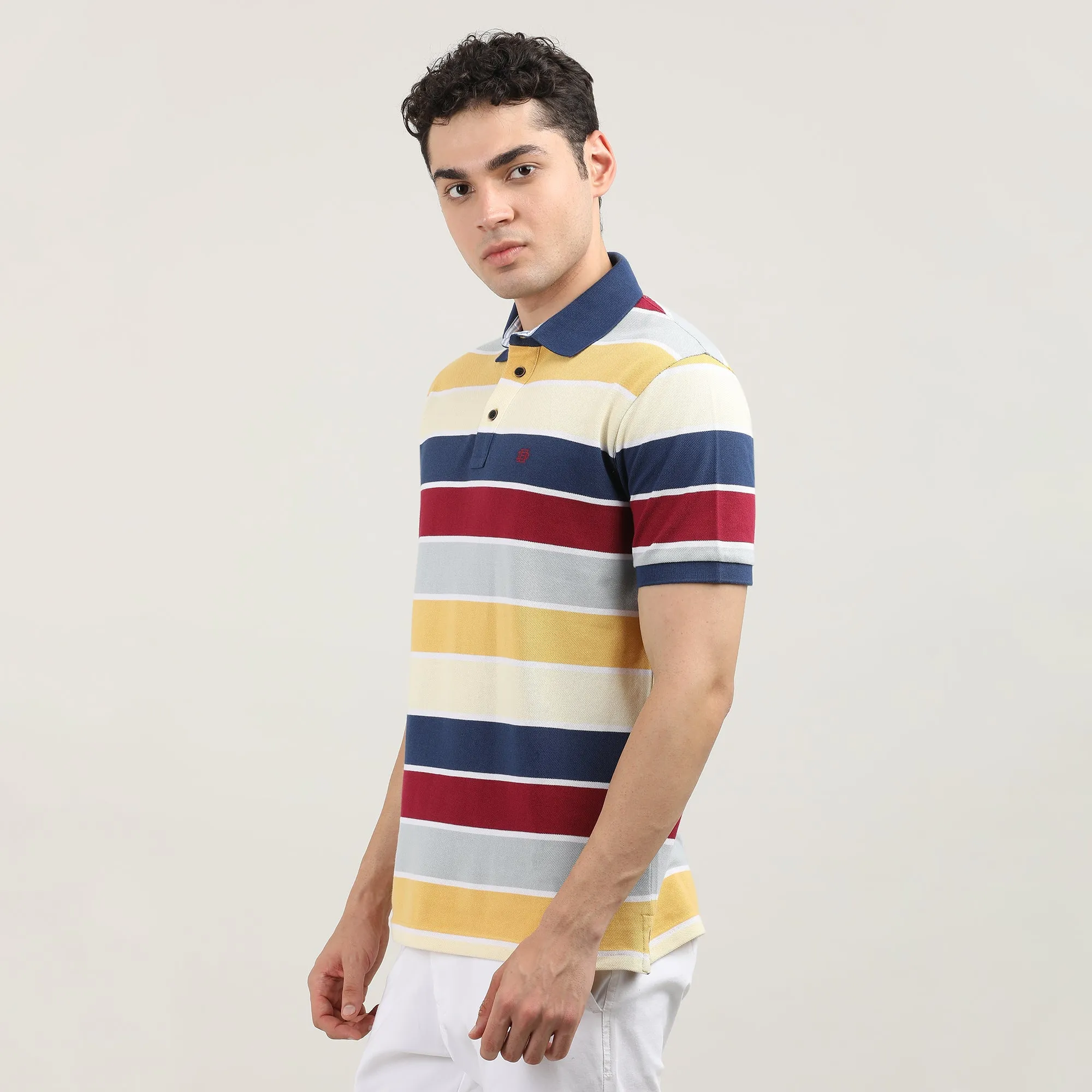 Lemon Pique Stripes Polo T-shirt With Tipping Collar