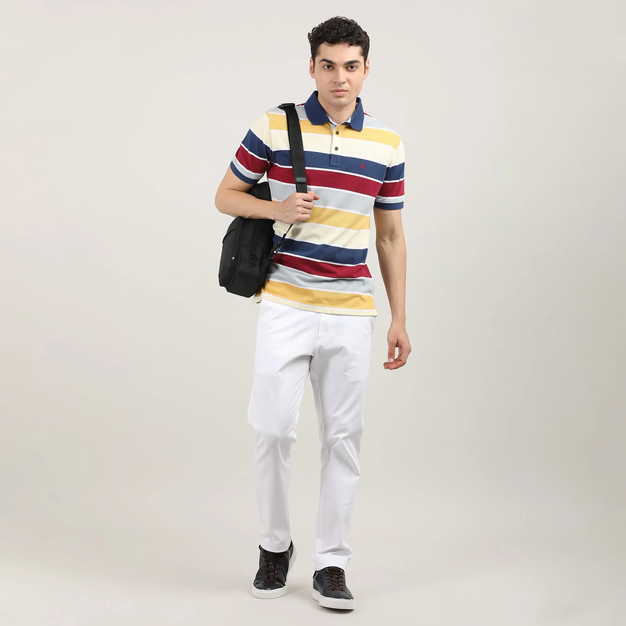 Lemon Pique Stripes Polo T-shirt With Tipping Collar