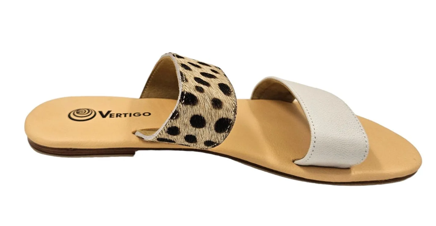 Leopard and White 2 Strap Leather Slide Sandals