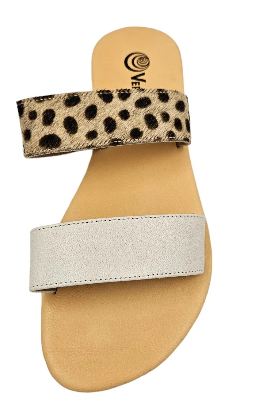 Leopard and White 2 Strap Leather Slide Sandals