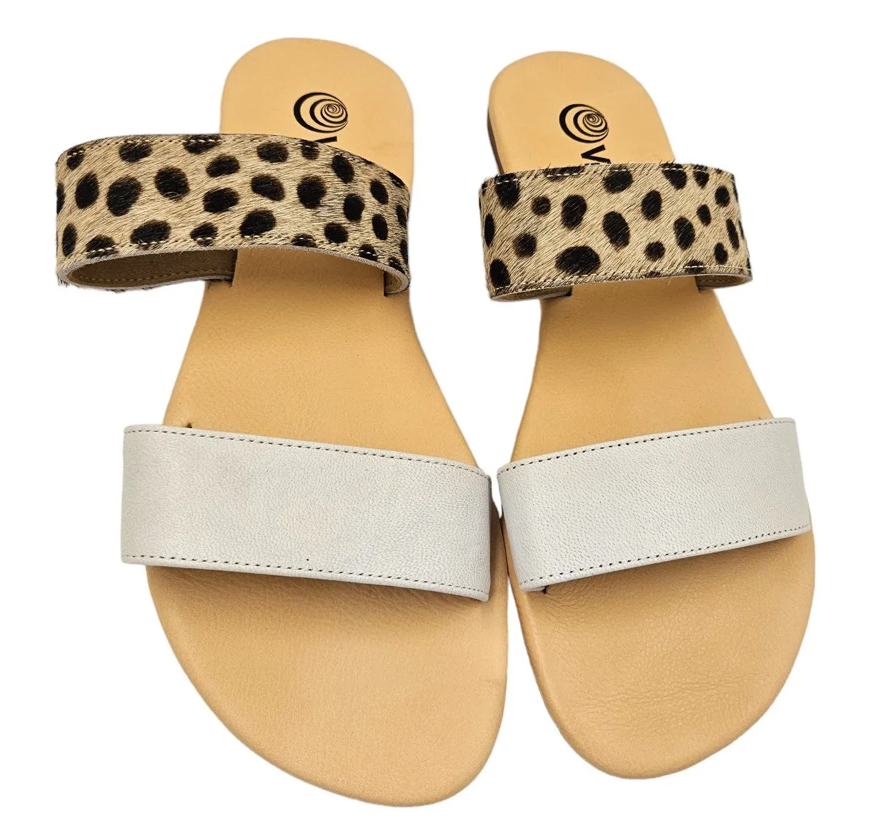 Leopard and White 2 Strap Leather Slide Sandals