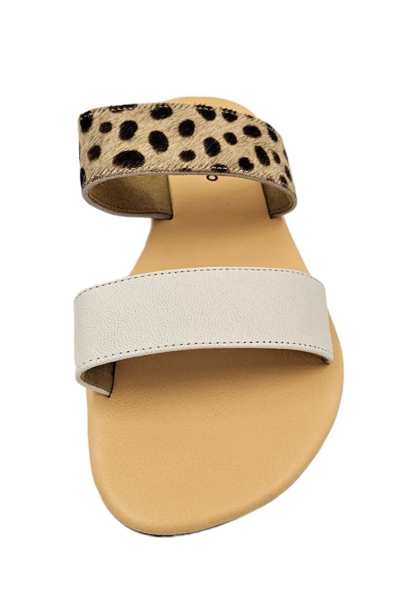 Leopard and White 2 Strap Leather Slide Sandals