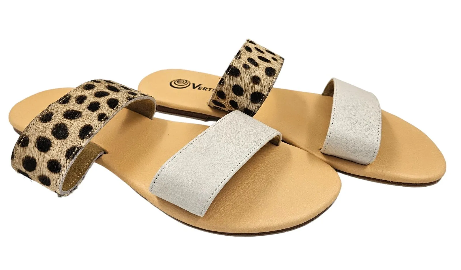 Leopard and White 2 Strap Leather Slide Sandals