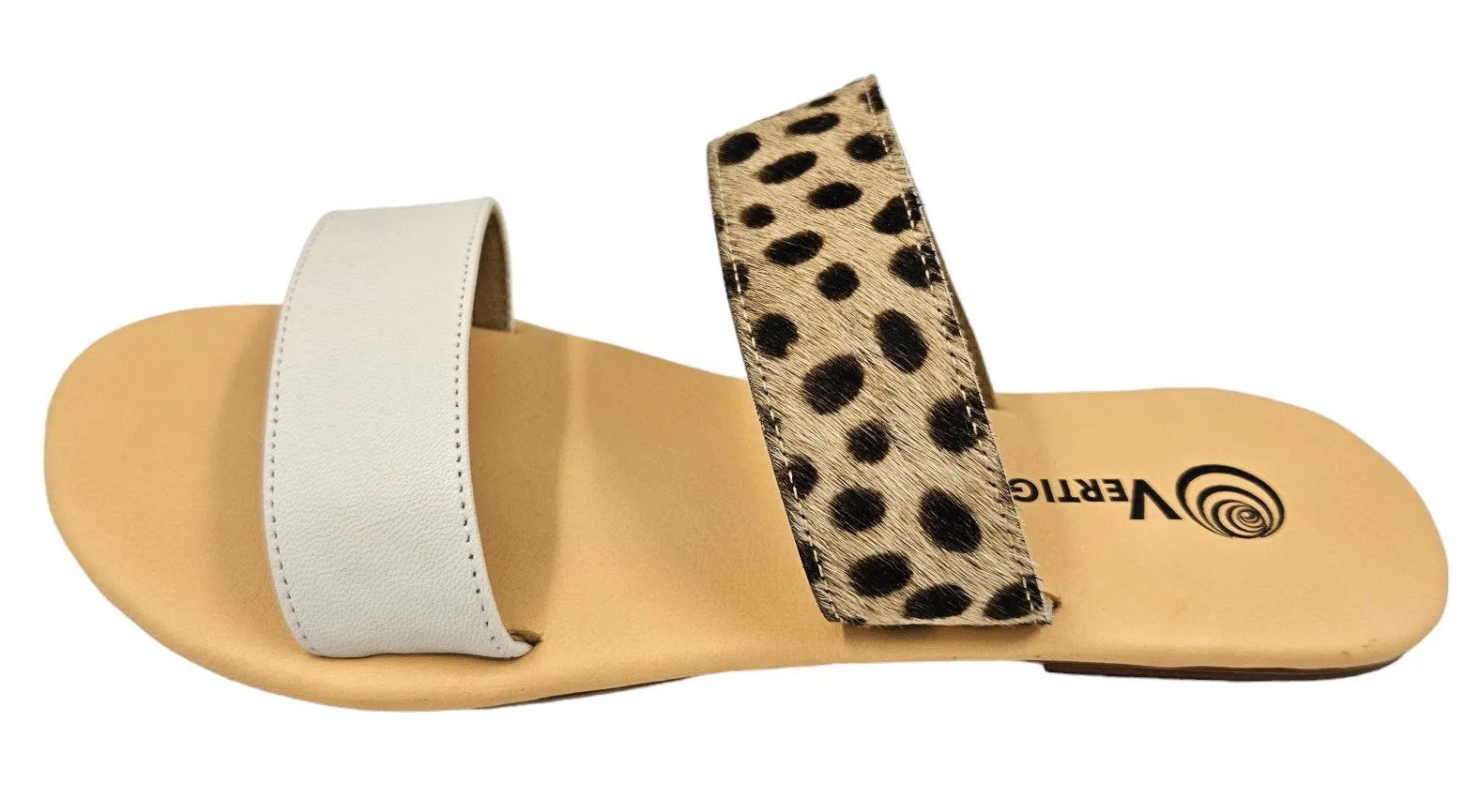 Leopard and White 2 Strap Leather Slide Sandals
