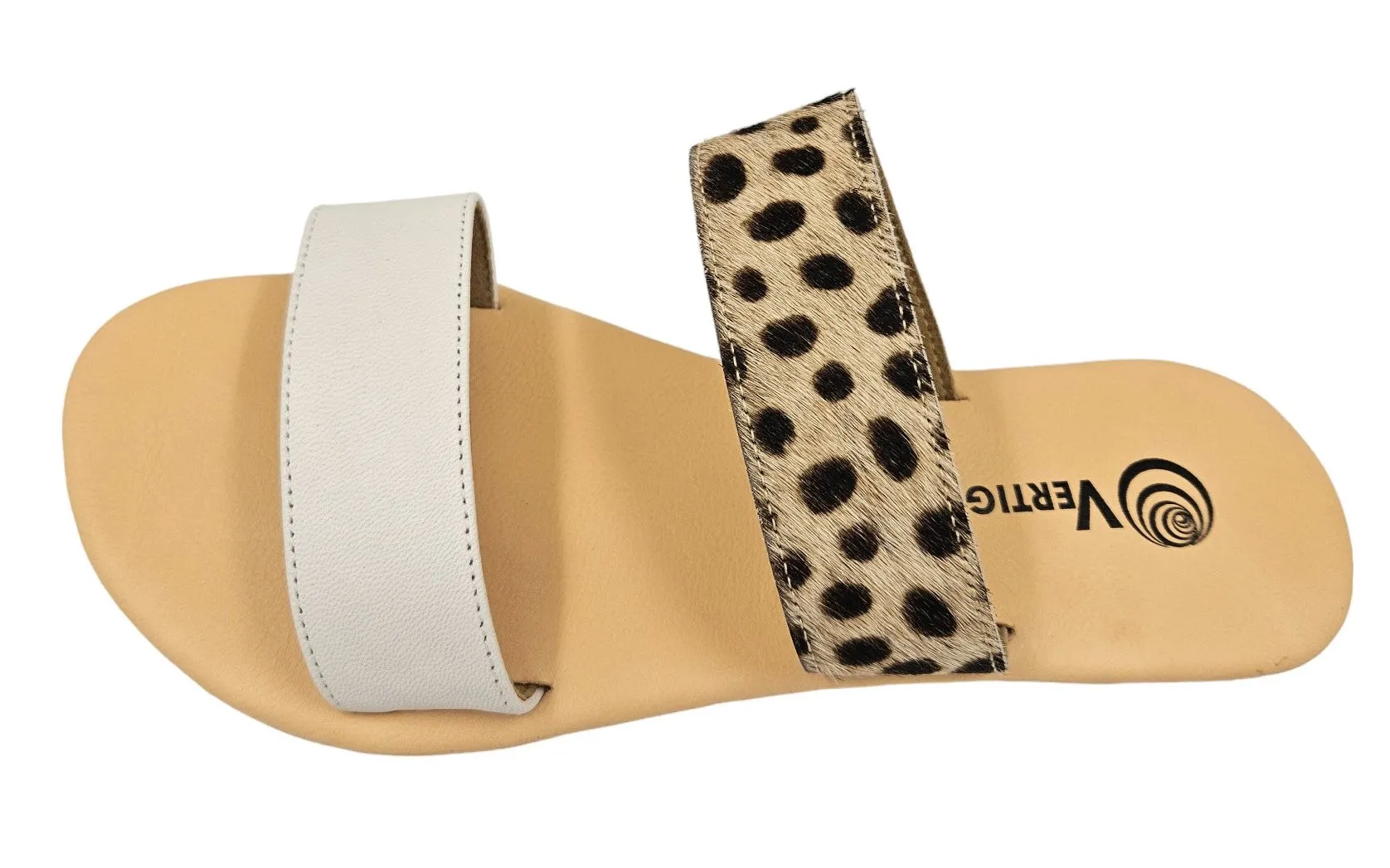 Leopard and White 2 Strap Leather Slide Sandals