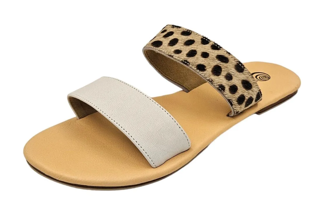 Leopard and White 2 Strap Leather Slide Sandals