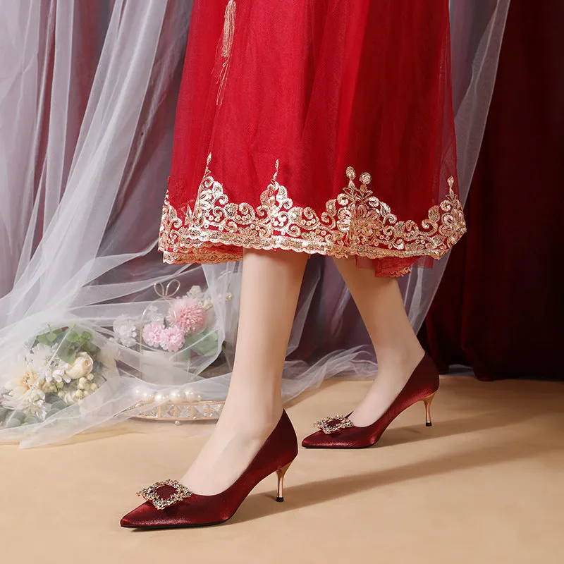 Pointed Red Showy Heeled Bridal Shoes