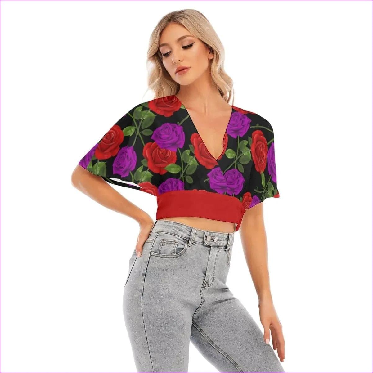 Red Rose Purp Women's Bat Sleeve Crop Top