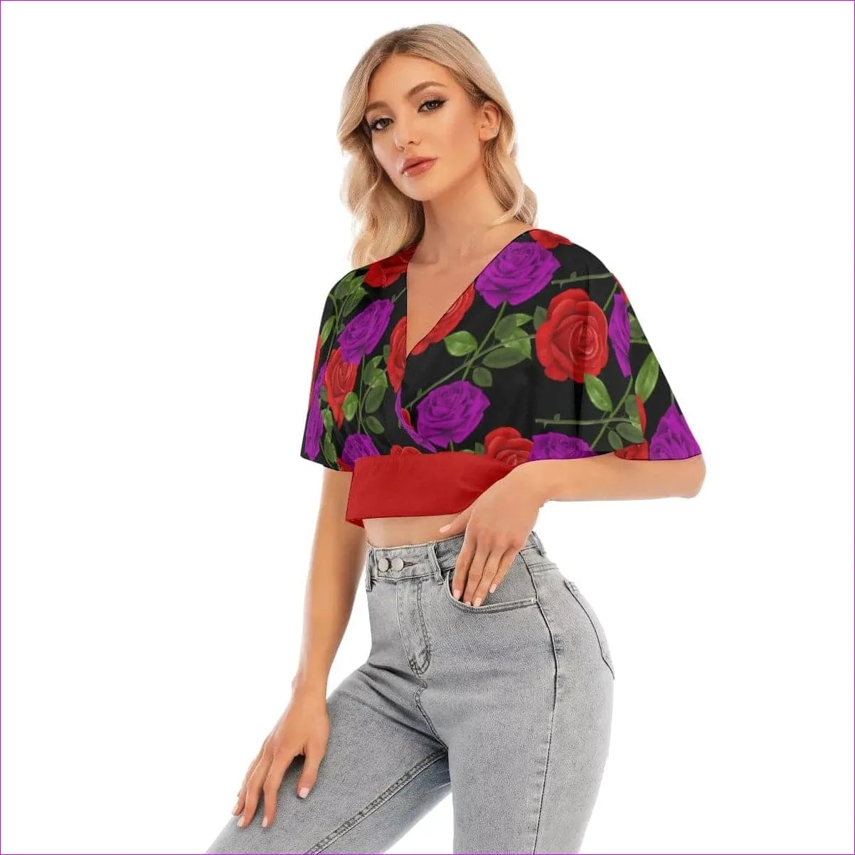 Red Rose Purp Women's Bat Sleeve Crop Top