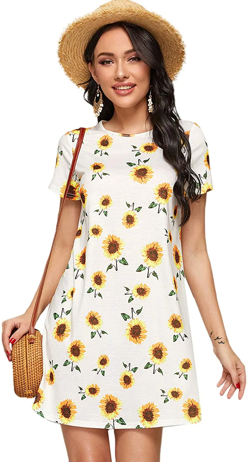 Romwe Women's Short Sleeve Floral Print Loose Casual Tunic Swing Summer Shirt Dress