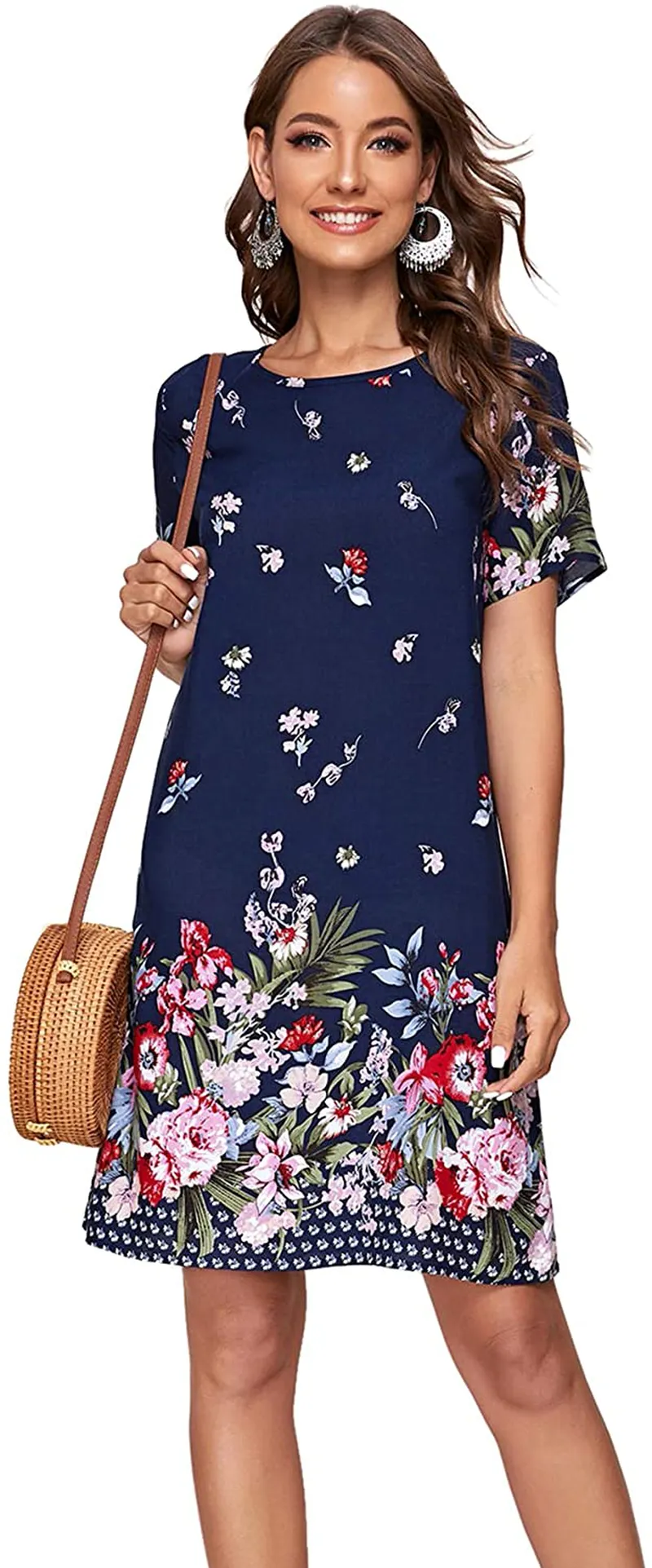 Romwe Women's Short Sleeve Floral Print Loose Casual Tunic Swing Summer Shirt Dress