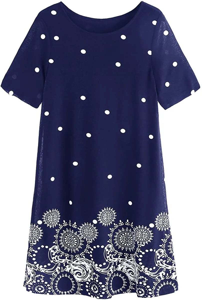 Romwe Women's Short Sleeve Floral Print Loose Casual Tunic Swing Summer Shirt Dress