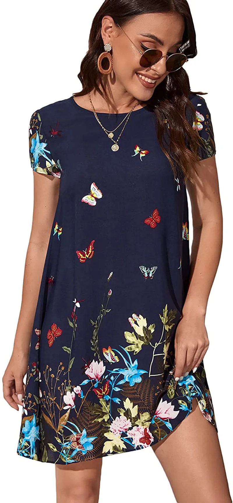 Romwe Women's Short Sleeve Floral Print Loose Casual Tunic Swing Summer Shirt Dress