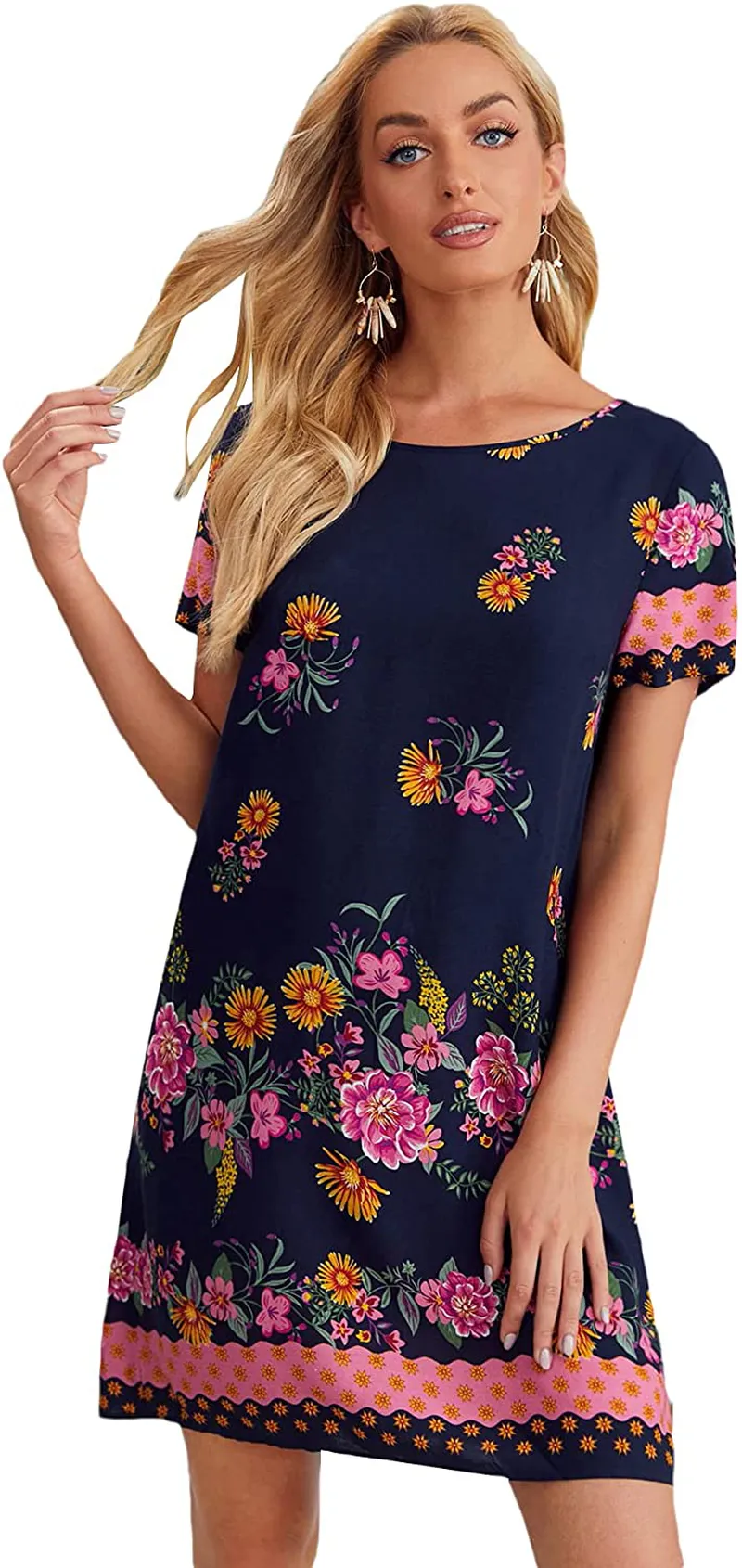 Romwe Women's Short Sleeve Floral Print Loose Casual Tunic Swing Summer Shirt Dress
