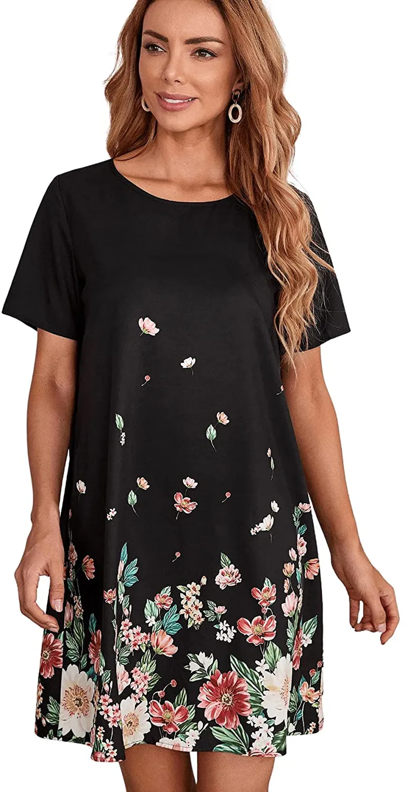 Romwe Women's Short Sleeve Floral Print Loose Casual Tunic Swing Summer Shirt Dress