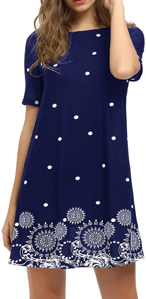 Romwe Women's Short Sleeve Floral Print Loose Casual Tunic Swing Summer Shirt Dress