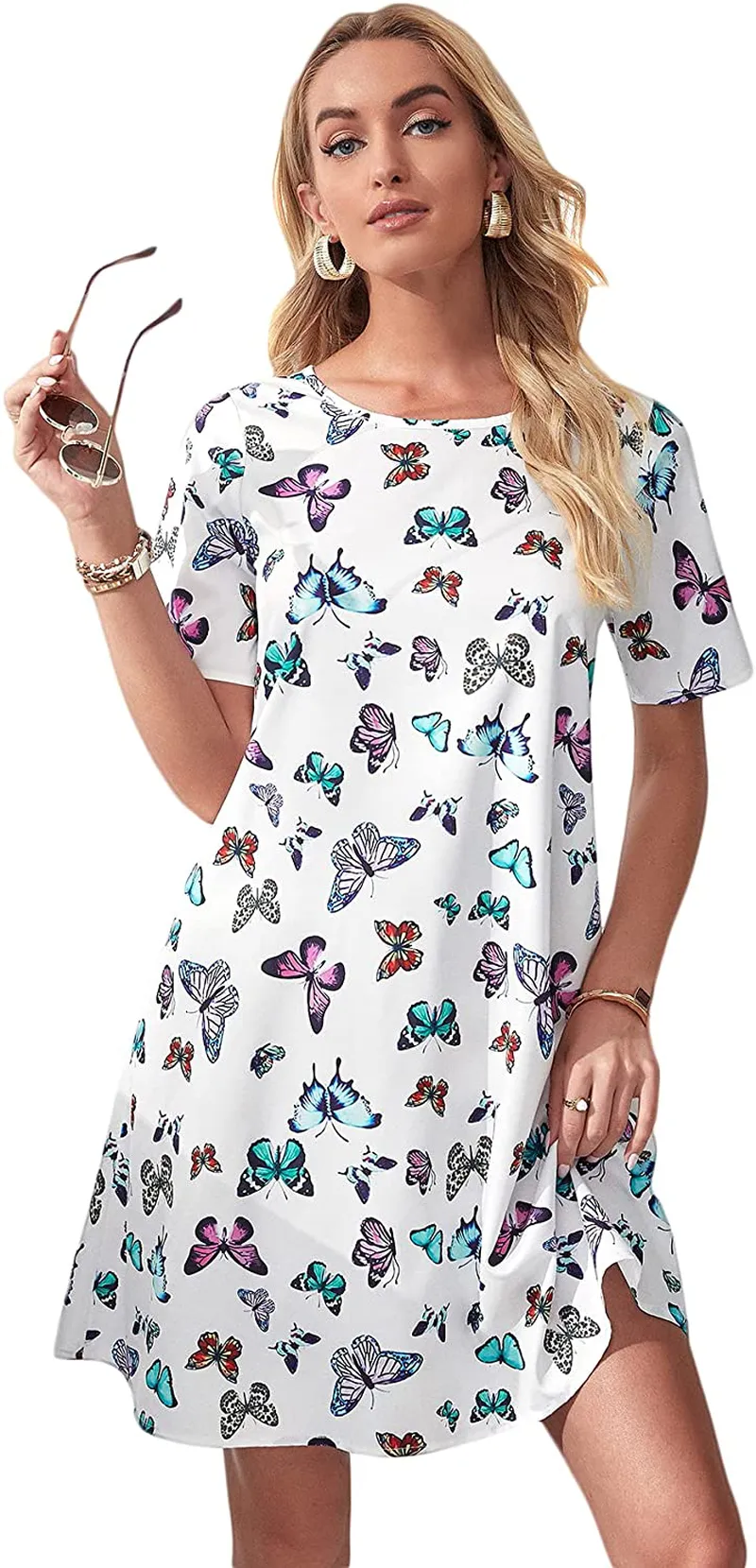 Romwe Women's Short Sleeve Floral Print Loose Casual Tunic Swing Summer Shirt Dress