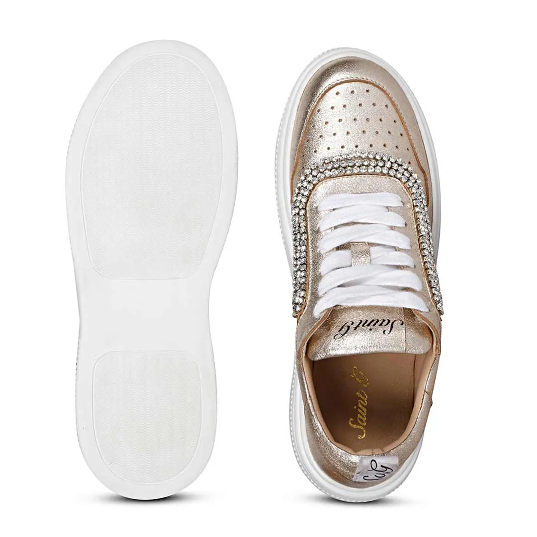 Saint Letitia Crystal Embellished Gold Metallic Leather Sneakers