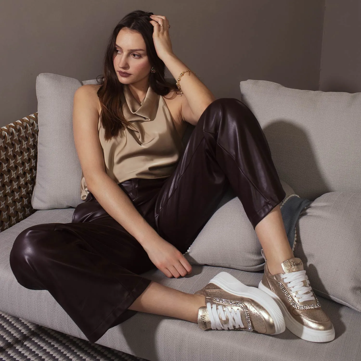 Saint Letitia Crystal Embellished Gold Metallic Leather Sneakers