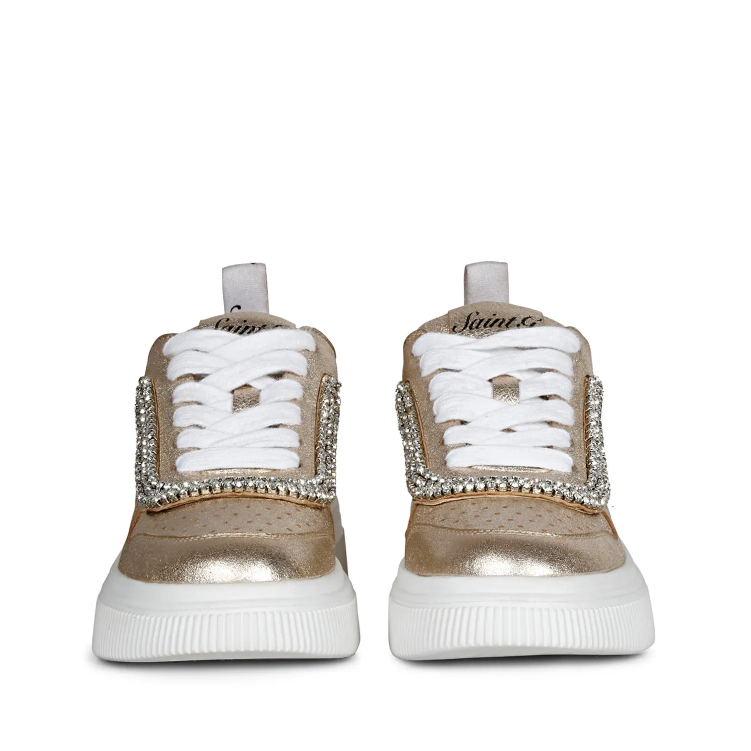 Saint Letitia Crystal Embellished Gold Metallic Leather Sneakers