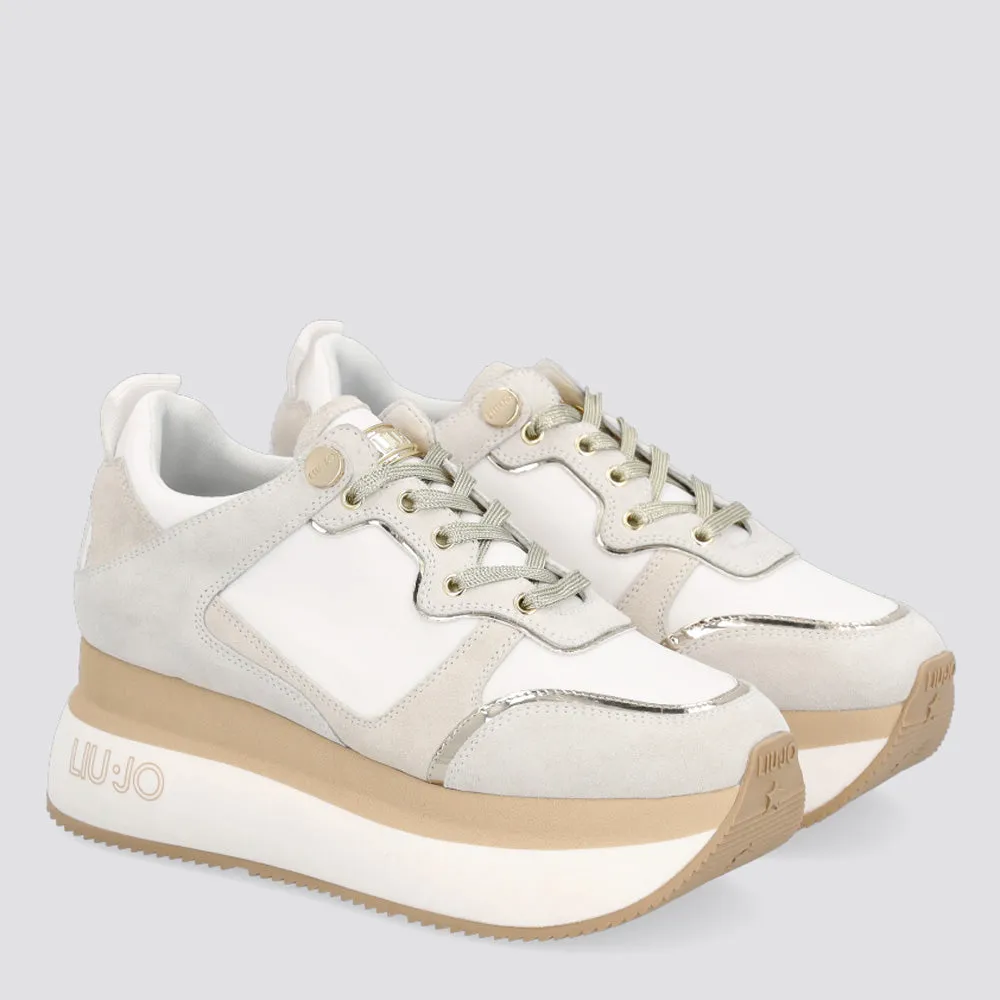 Scarpe Donna LIU JO Sneakers Maxi Platform in Pelle e Tessuto colore Bianco e Beige