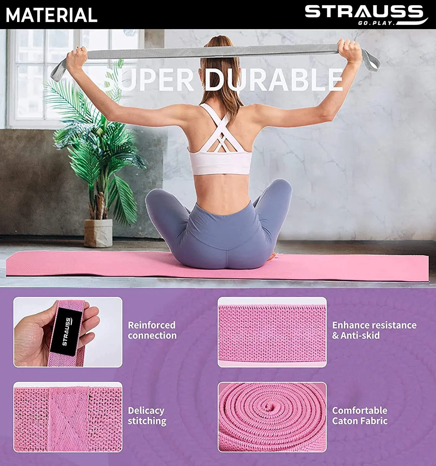 Strauss Fabric Resistance Bands | Resistance Loop Bands for Exercise, and Workout | Ideal for Stretching, Chin Ups, Physical Therapy & Home Exercise for Men & Women (Pink)