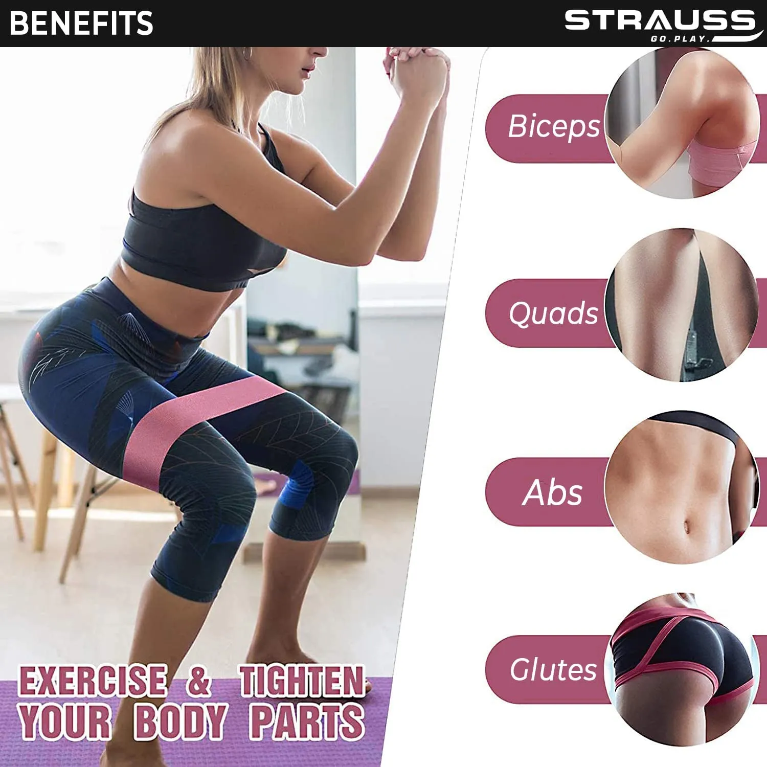 Strauss Fabric Resistance Bands | Resistance Loop Bands for Exercise, and Workout | Ideal for Stretching, Chin Ups, Physical Therapy & Home Exercise for Men & Women (Pink)