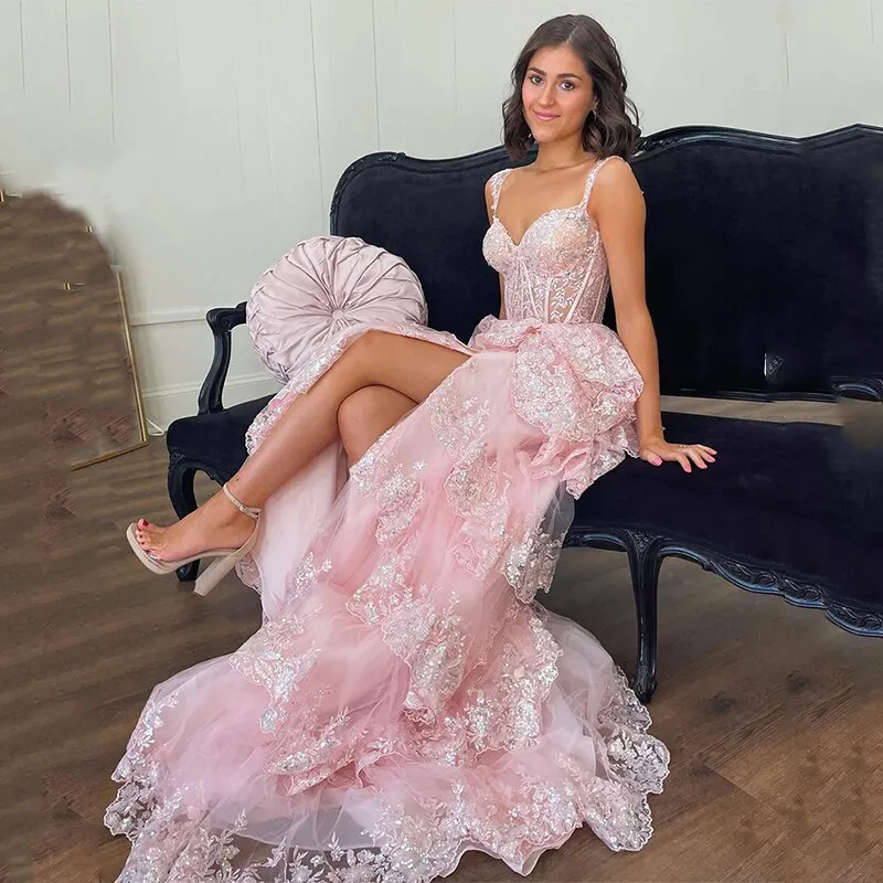Wenkouban  Lace Beaded Prom Dresses Split Sweet 15 Appliques Girls Birthday Evening Formal Party Quinceanera Sequins Women Gown