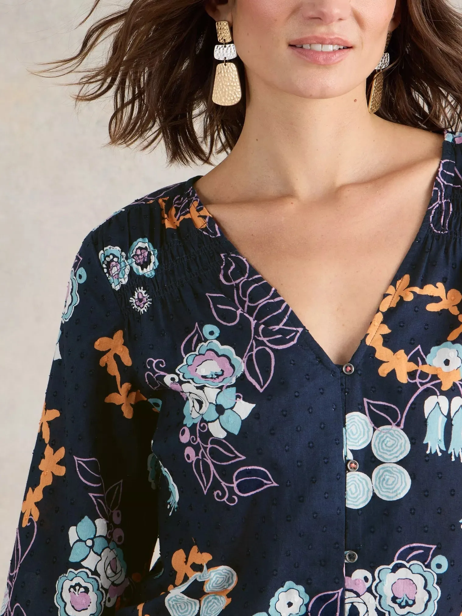 White Stuff Rae Organic Cotton Top Navy Print